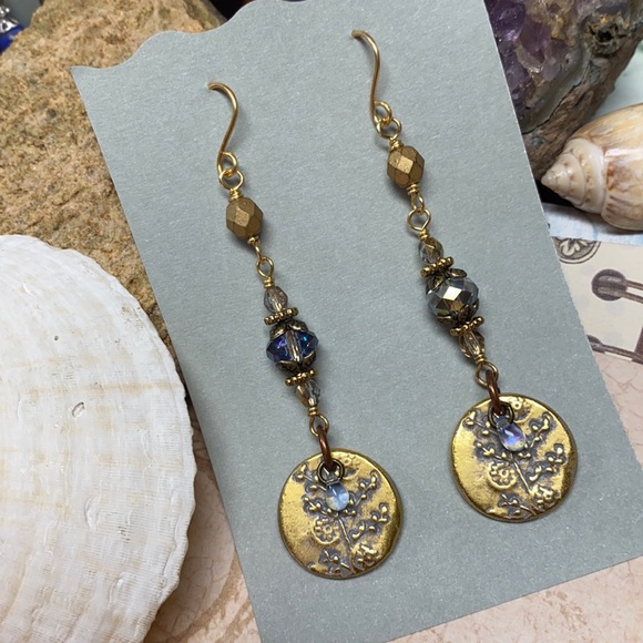 cocovalli Jewelry - NEW 3”Long gold flower print earrings Czech glass & crystals sparkling handmade